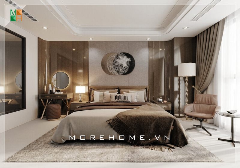 Mẫu bàn trang điểm nhỏ gọn kết hợp gương trang điểm hình tròn phù hợp với không gian phòng ngủ hiện đại.