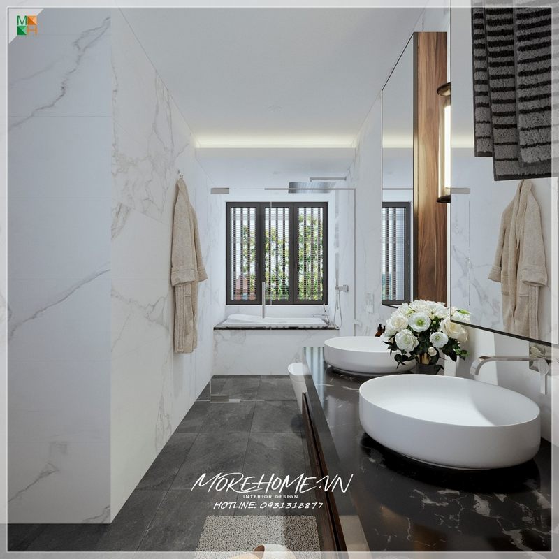 Thiết kế phòng tắm có bồn tắm nhà phố, nội thất được sắp xếp phù hợp với diện tích và mục đích sử dụng mang tới sự thoải mái tiện nghi nhất cho gia chủ khi sử dụng.