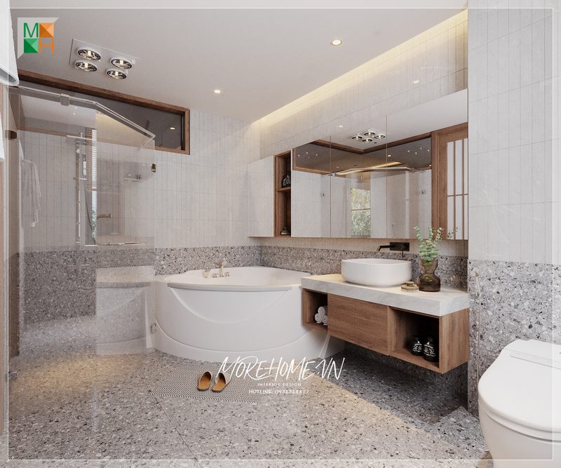Phòng tắm thiết kế có bồn tắm nội thất hiện đại mang tới không gian sinh hoạt tiện nghi.