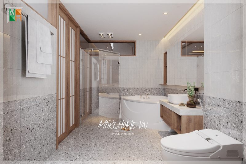 Trang trí phòng tắm có bồn tắm với phong cách hiện đại nội thất tối giản nhưng không kém phần tiện nghi cho quá trình sử dụng sinh hoạt hằng ngày của gia chủ.
