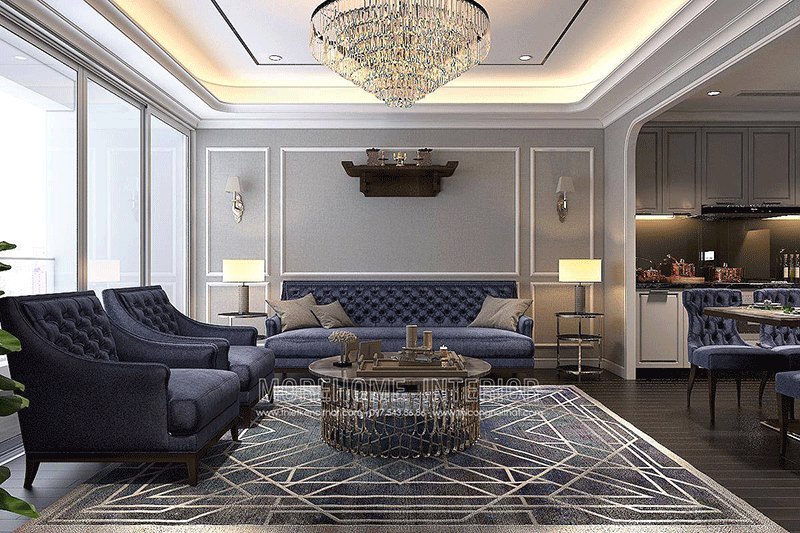Phòng khách được trang bị nội thất sang trọng với bộ sofa màu tím mới lạ.