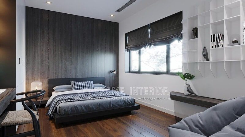 Khối gỗ ốp tường mang lại vẻ đẹp cuốn hút trong thiết kế phòng ngủ hiện đại với đường vân đẹp mắt và màu tối.