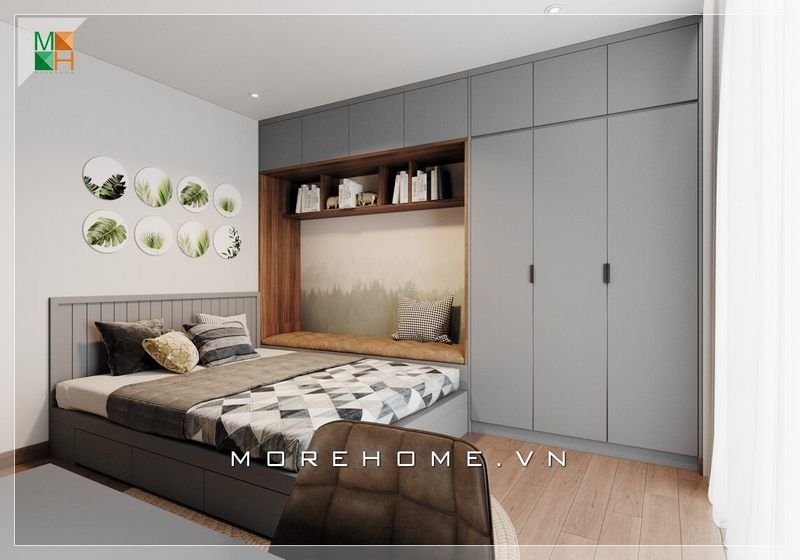 Mẫu tủ quần áo kịch trần được kết hợp với ghế thư giãn và kệ trang trí cùng thiết kế độc đáo bằng gỗ công nghiệp, giúp bạn có được nơi lưu trữ và một khoảng không gian riêng tư thư thái để tận hưởng những cuốn sách thú vị trong các căn hộ, nhà phố, biệt thự hiện đại.